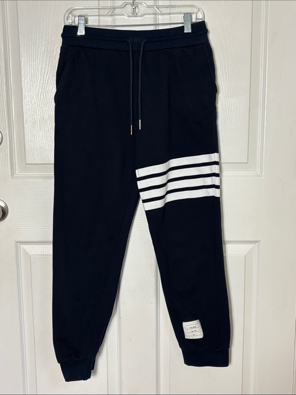Thom Browne Navy Blue Luxury Sweatpants Drawstring White Four-Bar Stripe Size 2